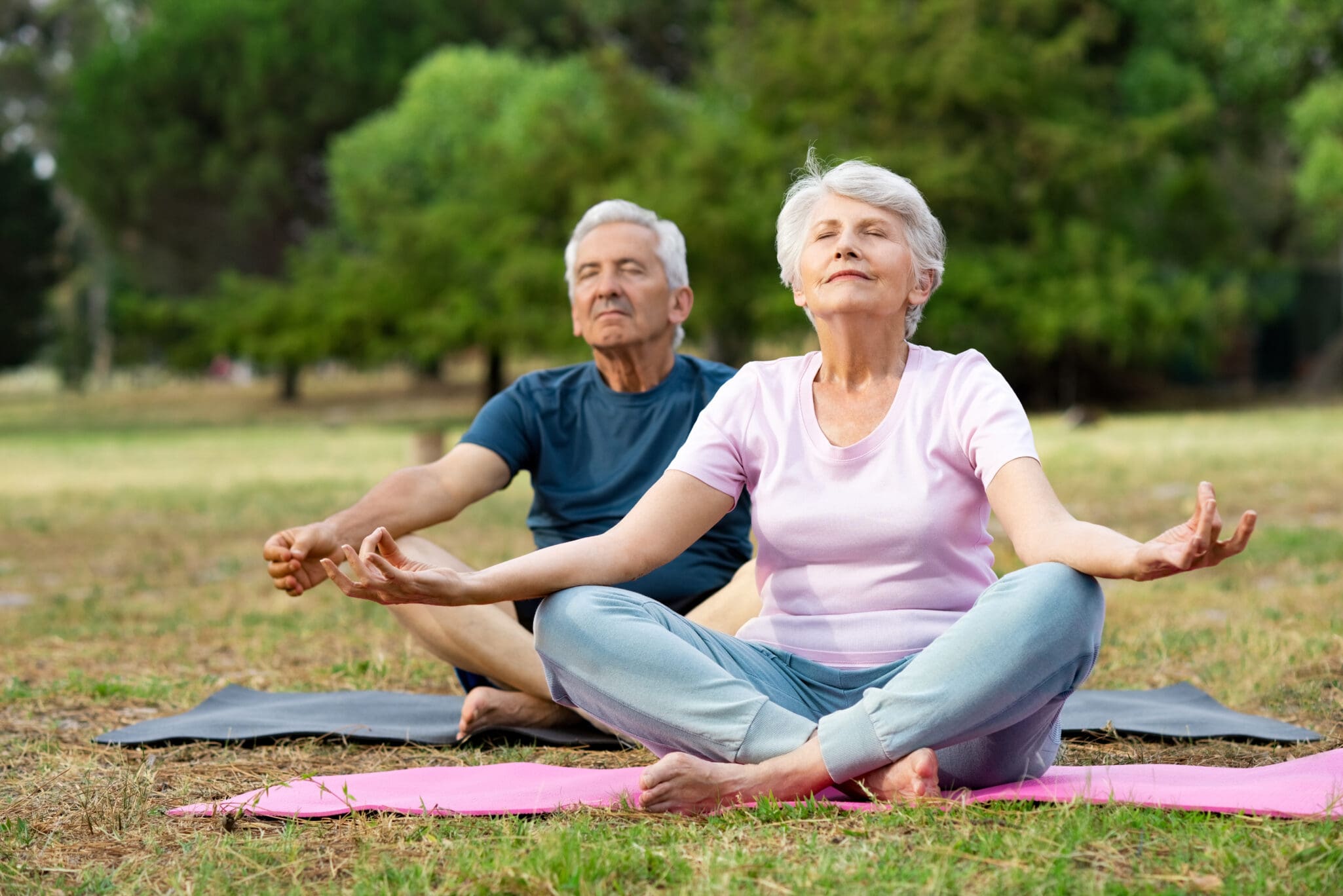 Old,Couple,Relaxing,While,Sitting,In,Lotus,Pose.,Senior,Man Senior man and elderly woman meditating sitting in lotus position at park with closed eyes.