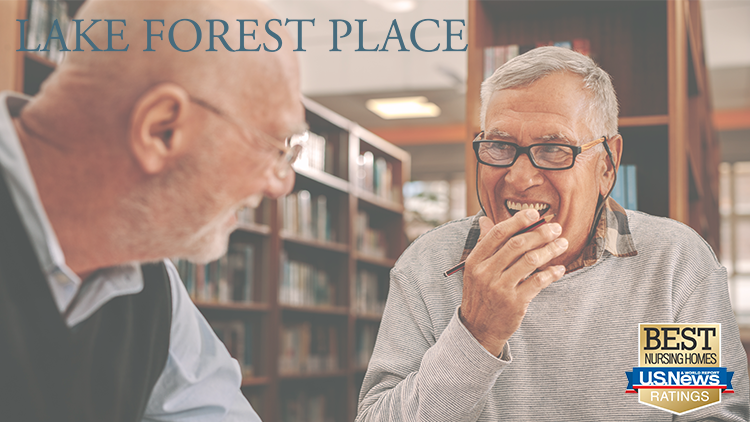 blog-pressrelease-LFP two senior men inside the library at Lake Forest, a senior living community near Chicago