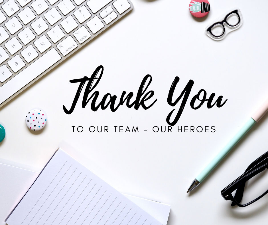 Brown-Vintage-Photo-Collage a photo of a keyboard and a pad of paper with text overlay that says thank you to our team our heroes
