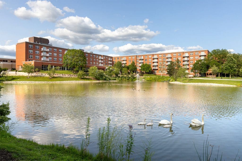 Beautiful exterior shot of The Mooriongs of Arlington Heights with swns in a pond in the foreground