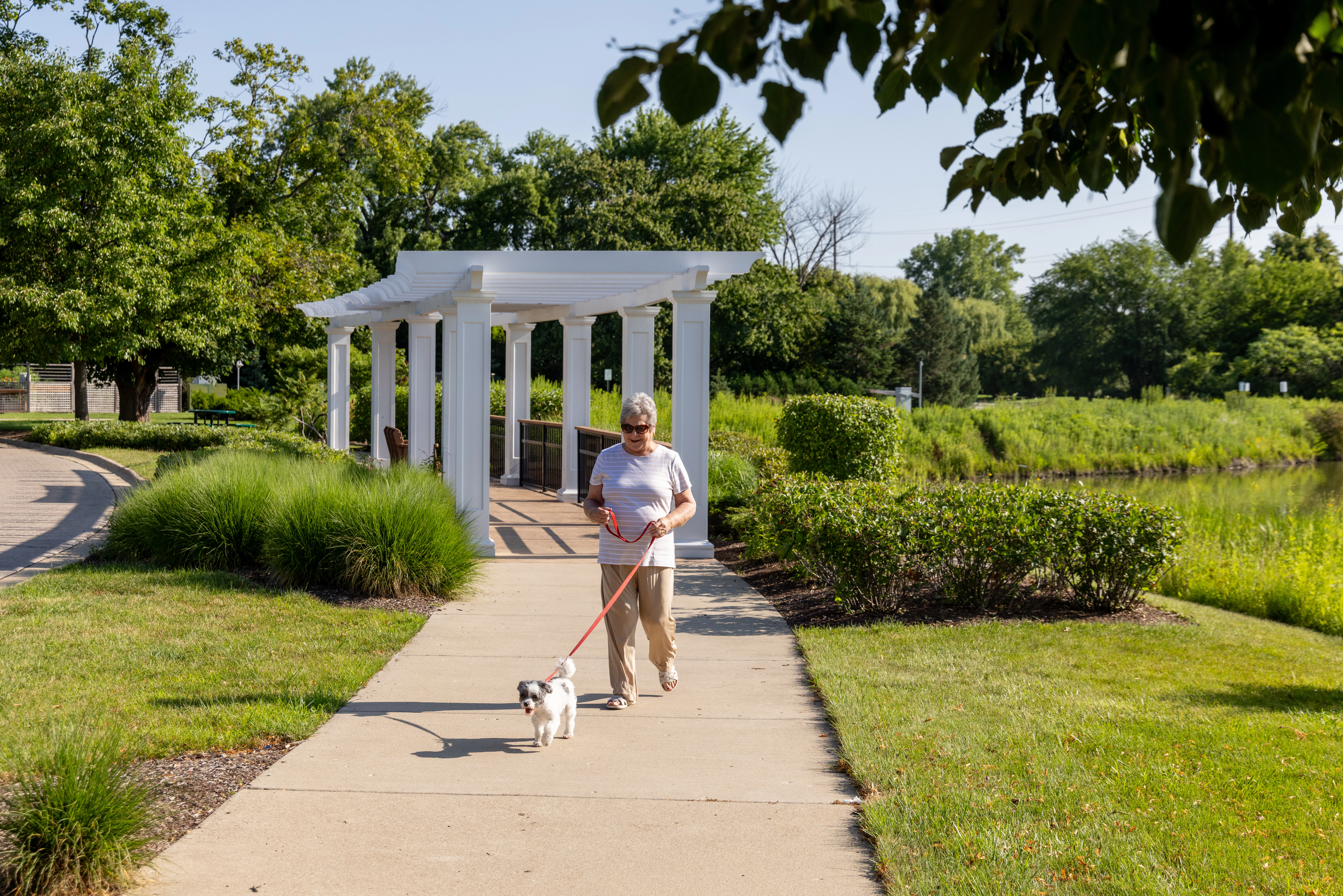 senior woman walking dog at Lake Forest Place