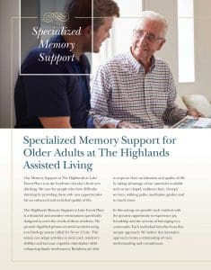 A flyer of specialized memory support for older adults at the Highlands Assisted Living in Lake Forest Place