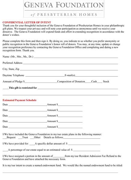 Letter of Intent for Major Gifts