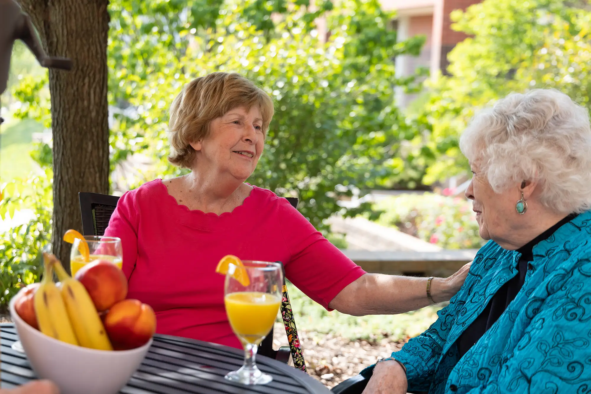 Two senior women dining outdoors at The Moorings of Arlington Heights